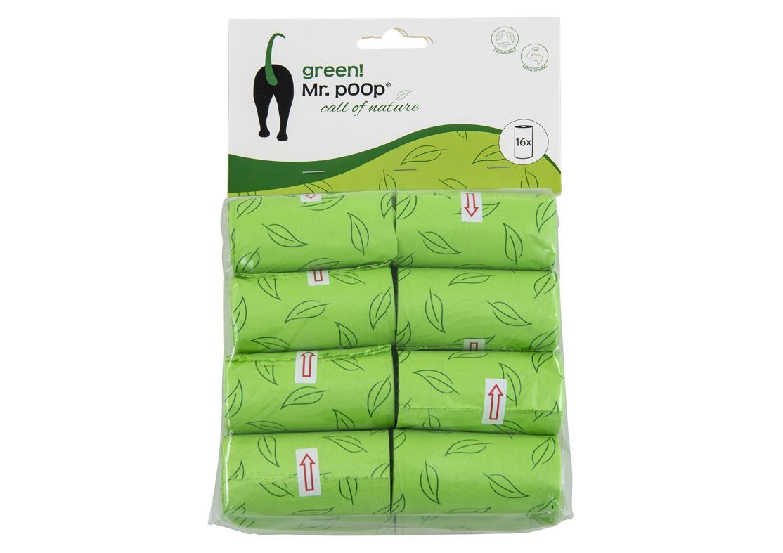 Mr.POOP GREEN! Navul. poepzakjes 16 Rolletjes-Groen motief
