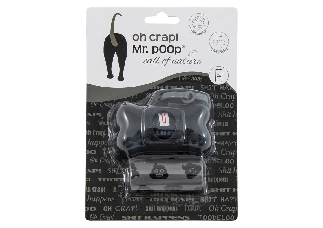 Mr.POOP OH CRAP! Houder zwart+2 Rolletjes-Grijs/zwart motief